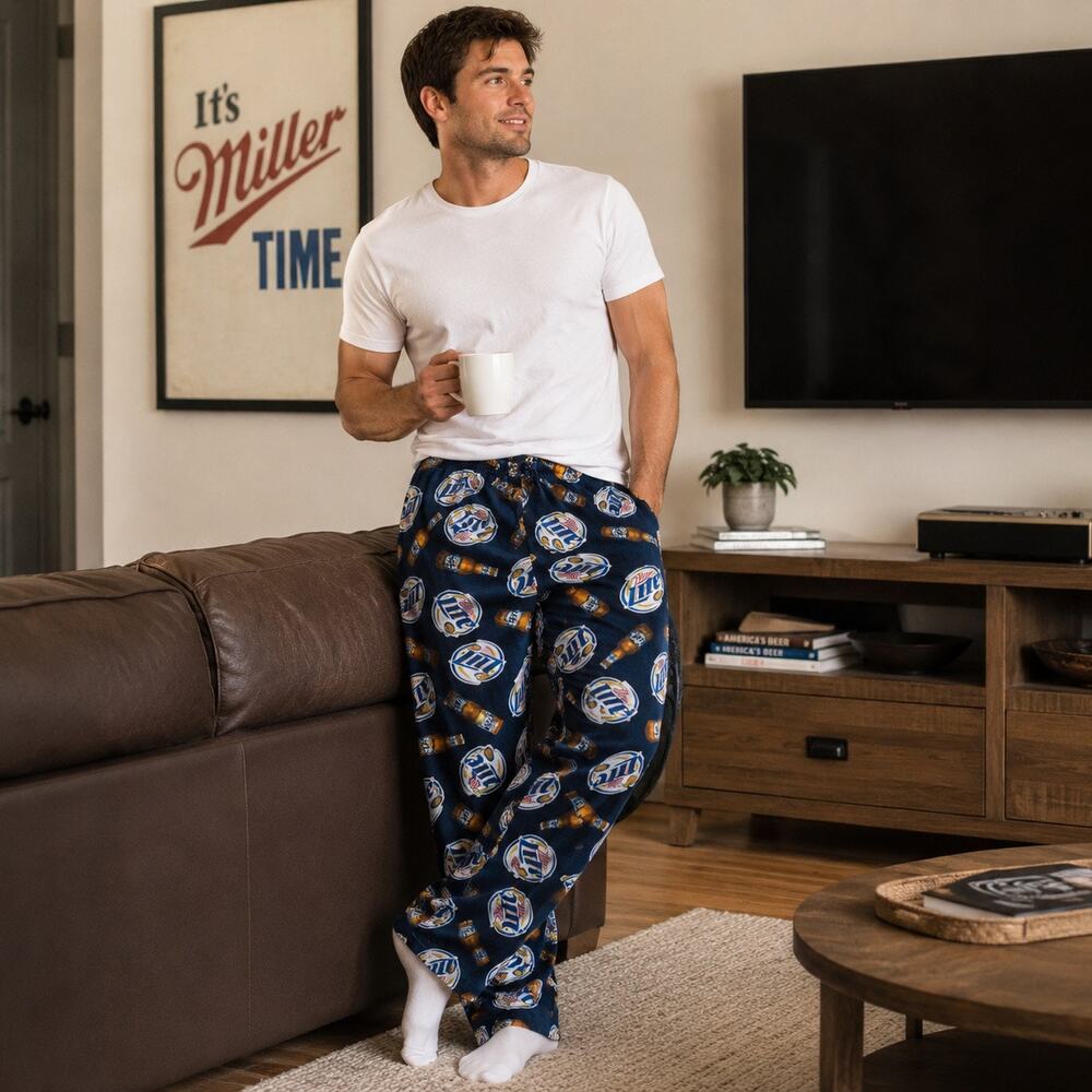 Miller Lite Beer Logo Pajama Lounge Pants Men’s Medium Blue Cotton Drawstring